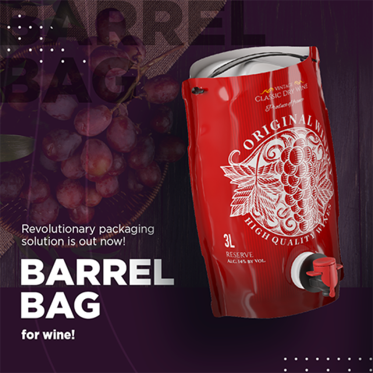 Contenitore Barrel Bag a forma di botte per vino e distillati premium